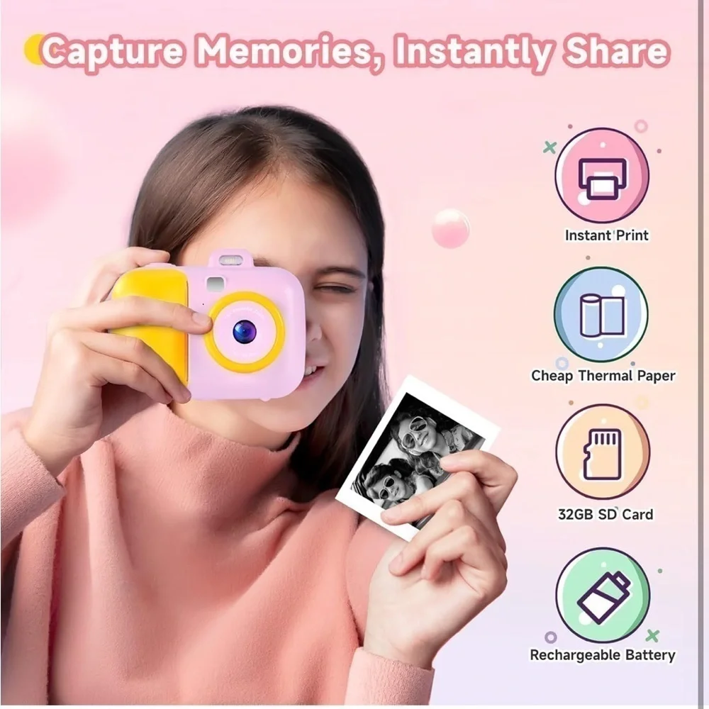 Brand New Kids Instant Print Digital Camera Thermal Photo Prints 32GB SD Card